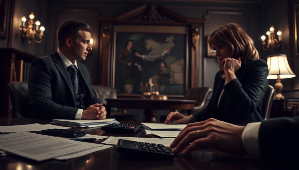 A somber, realistic scene depicting the impact of divorce on inheritance tax in the UK. In the foreground, a desk with scattered documents, a calculator, and a pensive person's hands. The middle ground shows a couple, once married but now divorced, facing each other with expressions of tension and regret. The background features a dimly lit, ornate law office, hinting at the complexities of inheritance law. Muted colors and soft lighting create a melancholic atmosphere, conveying the weight and gravity of the subject matter. A somber, realistic scene depicting the impact of divorce on inheritance tax in the UK. In the foreground, a desk with scattered documents, a calculator, and a pensive person's hands. The middle ground shows a couple, once married but now divorced, facing each other with expressions of tension and regret. The background features a dimly lit, ornate law office, hinting at the complexities of inheritance law. Muted colors and soft lighting create a melancholic atmosphere, conveying the weight and gravity of the subject matter.