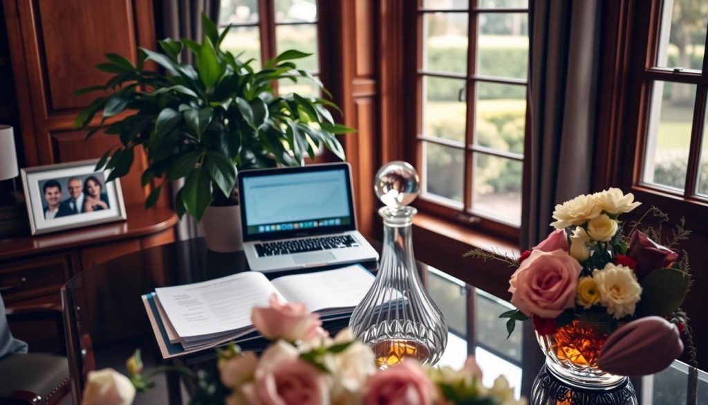 A sophisticated home office scene, warm lighting illuminating a wood-paneled study. On the desk, a stack of financial documents and a laptop open to tax planning software, surrounded by a lush potted plant and a framed family photo. In the foreground, a tasteful floral arrangement and a crystal decanter of amber liquid, symbolizing the celebration of a new chapter. Through the window, a glimpse of a manicured garden, hinting at the personal and financial growth to come. The mood is one of contemplation and careful consideration, as the subject navigates the legal and financial implications of remarriage. A sophisticated home office scene, warm lighting illuminating a wood-paneled study. On the desk, a stack of financial documents and a laptop open to tax planning software, surrounded by a lush potted plant and a framed family photo. In the foreground, a tasteful floral arrangement and a crystal decanter of amber liquid, symbolizing the celebration of a new chapter. Through the window, a glimpse of a manicured garden, hinting at the personal and financial growth to come. The mood is one of contemplation and careful consideration, as the subject navigates the legal and financial implications of remarriage.
