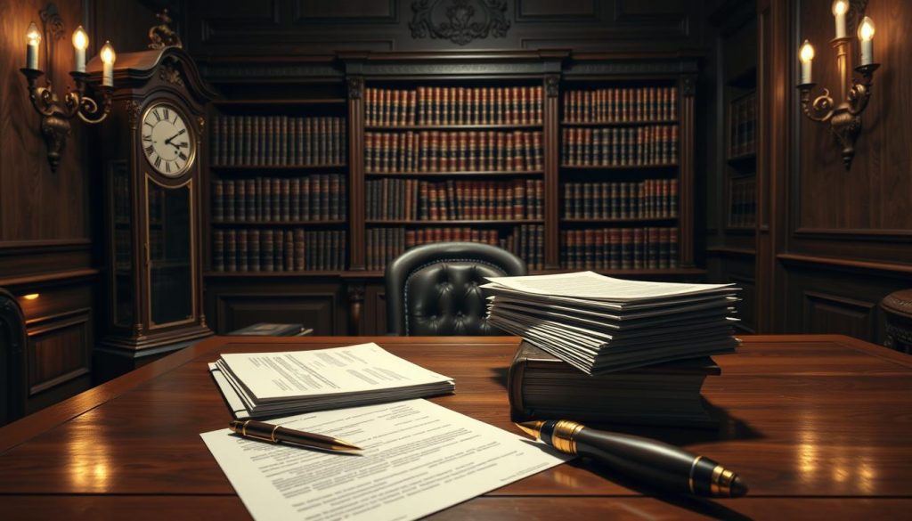 A sophisticated inheritance tax trust, rendered in a realistic, highly detailed style. The foreground features a classic wooden desk with a well-organized stack of financial documents, a quill pen, and a grandfather clock in the corner. The middle ground showcases a stately bookcase filled with leather-bound volumes on estate planning and tax law. The background depicts a dimly lit, oak-paneled study with ornate sconces casting a warm, cozy glow. The overall atmosphere conveys a sense of legacy, wealth preservation, and professional expertise in navigating complex inheritance tax regulations.