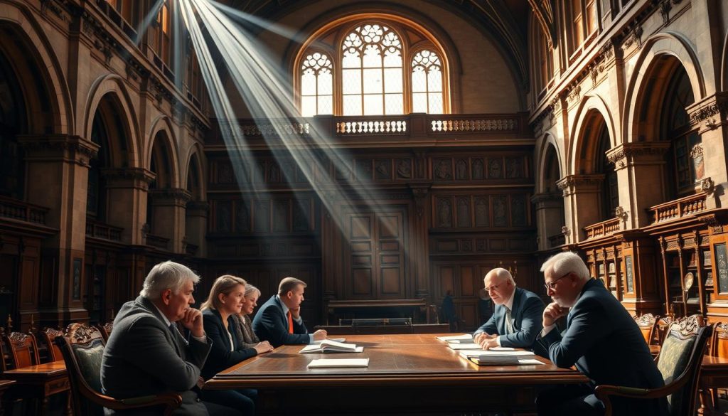 A spacious and stately British courthouse interior, with intricate stone archways, high ceilings, and elegant wooden furnishings. Beams of natural light stream through large windows, casting a warm glow on the scene. In the foreground, a group of solemn-faced individuals engaged in a serious legal discussion, their expressions conveying the gravity of the will contestation proceedings. The middle ground features a large wooden table, where documents and legal files are spread out, hinting at the complex nature of the case. The background showcases the grandeur of the building, with intricate stone carvings and a sense of historical significance. An atmosphere of contemplation and legal deliberation permeates the scene, reflecting the importance of the will contestation process in the UK. A spacious and stately British courthouse interior, with intricate stone archways, high ceilings, and elegant wooden furnishings. Beams of natural light stream through large windows, casting a warm glow on the scene. In the foreground, a group of solemn-faced individuals engaged in a serious legal discussion, their expressions conveying the gravity of the will contestation proceedings. The middle ground features a large wooden table, where documents and legal files are spread out, hinting at the complex nature of the case. The background showcases the grandeur of the building, with intricate stone carvings and a sense of historical significance. An atmosphere of contemplation and legal deliberation permeates the scene, reflecting the importance of the will contestation process in the UK.
