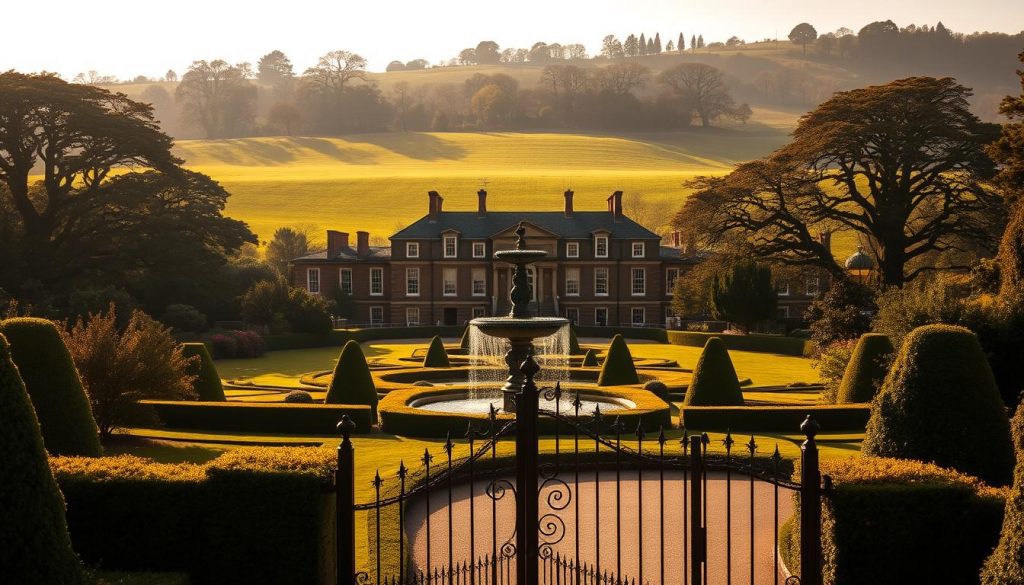 A sprawling British countryside estate, its stately manor house gleaming in the warm afternoon light. In the foreground, a well-manicured garden with neatly trimmed hedges and a wrought-iron gate. The middle ground features a grand, ornate fountain, its waters gently cascading. In the background, a rolling green hillside dotted with ancient oak trees. The entire scene is bathed in a soft, golden glow, conveying a sense of wealth, legacy, and the intergenerational transfer of assets. The composition emphasizes the grandeur and significance of inheritance, a central theme in the UK's inheritance tax system.