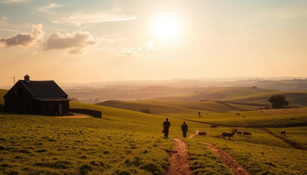 A sprawling pastoral landscape under a golden afternoon sun, rolling hills dotted with verdant fields and grazing livestock. In the foreground, a weathered farmhouse and adjacent barn stand as symbols of agricultural tradition, their timeless architecture complementing the natural setting. Sunlight filters through wispy clouds, casting a warm glow over the scene. In the middle ground, a farmer walks the well-trodden path, embodying the hard work and stewardship that sustains this idyllic property. The background fades into a hazy horizon, hinting at the vast expanse of fertile land eligible for the tax benefits of Agricultural Property Relief. Realistic and detailed, this image captures the essence of the countryside and the financial incentives that support its preservation. A sprawling pastoral landscape under a golden afternoon sun, rolling hills dotted with verdant fields and grazing livestock. In the foreground, a weathered farmhouse and adjacent barn stand as symbols of agricultural tradition, their timeless architecture complementing the natural setting. Sunlight filters through wispy clouds, casting a warm glow over the scene. In the middle ground, a farmer walks the well-trodden path, embodying the hard work and stewardship that sustains this idyllic property. The background fades into a hazy horizon, hinting at the vast expanse of fertile land eligible for the tax benefits of Agricultural Property Relief. Realistic and detailed, this image captures the essence of the countryside and the financial incentives that support its preservation.