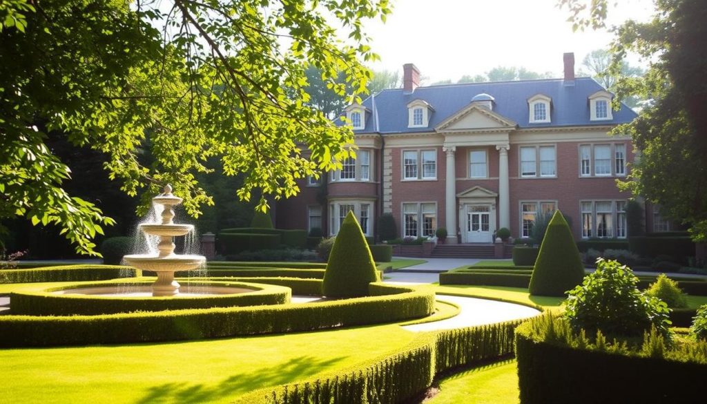 A stately manor house set against a verdant backdrop, its grand facade exuding an air of timeless elegance. In the foreground, a well-manicured garden with neatly trimmed hedges and a meandering path leading to an ornate fountain. Sunlight filters through the trees, casting a warm glow on the scene. In the middle ground, a series of subtly detailed architectural elements, such as ornate pillars and intricate moldings, suggest the opulence and wealth associated with estate administration. The overall mood is one of refined sophistication, hinting at the complexities and costs involved in maintaining and managing a grand family estate. A stately manor house set against a verdant backdrop, its grand facade exuding an air of timeless elegance. In the foreground, a well-manicured garden with neatly trimmed hedges and a meandering path leading to an ornate fountain. Sunlight filters through the trees, casting a warm glow on the scene. In the middle ground, a series of subtly detailed architectural elements, such as ornate pillars and intricate moldings, suggest the opulence and wealth associated with estate administration. The overall mood is one of refined sophistication, hinting at the complexities and costs involved in maintaining and managing a grand family estate.