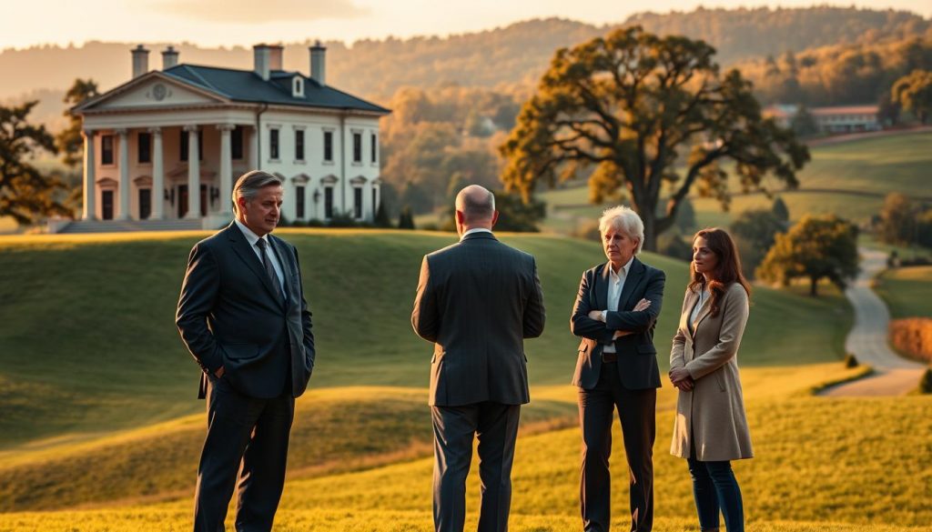 A stately manor house sits atop a rolling green hillside, its elegant columns and ornate facade bathed in warm afternoon sunlight. In the foreground, a trio of figures stand in serious discussion - an executor in a crisp suit, a trustee in formal attire, and a guardian in casual but professional dress. Their postures convey the gravity of their roles in the estate planning process. The background is dotted with oak trees and a winding path leads towards a distant village, suggesting the tranquil, rural setting. The scene exudes an atmosphere of tradition, responsibility, and the careful management of family legacies.