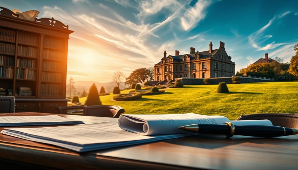 A stately manor house sits atop a rolling hillside, its grand architecture and manicured gardens exuding an air of timeless elegance. The morning sunlight filters through wispy clouds, casting a warm glow across the scene. In the foreground, a wooden desk holds neatly organized legal documents, hinting at the careful planning and preparation required to ensure a smooth inheritance. The interior is adorned with ornate bookshelves and antique furniture, conveying a sense of tradition and foresight. This image captures the importance of estate planning, where personal possessions and future assets are thoughtfully safeguarded, avoiding the complexities of intestacy laws. A stately manor house sits atop a rolling hillside, its grand architecture and manicured gardens exuding an air of timeless elegance. The morning sunlight filters through wispy clouds, casting a warm glow across the scene. In the foreground, a wooden desk holds neatly organized legal documents, hinting at the careful planning and preparation required to ensure a smooth inheritance. The interior is adorned with ornate bookshelves and antique furniture, conveying a sense of tradition and foresight. This image captures the importance of estate planning, where personal possessions and future assets are thoughtfully safeguarded, avoiding the complexities of intestacy laws.