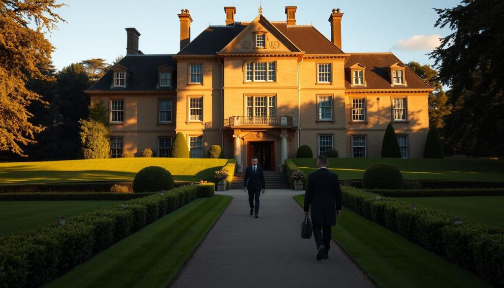 A stately manor set against a lush, verdant landscape, its grand architecture casting long shadows under the warm afternoon sun. In the foreground, a manicured garden path leads to the ornate, oak-paneled entryway, evoking a sense of timeless elegance and tradition. Figures in formal attire move purposefully through the scene, representing the administrative processes associated with estate management and probate. The overall atmosphere conveys a measured, deliberate pace, reflecting the meticulous steps required to settle an estate efficiently and effectively.