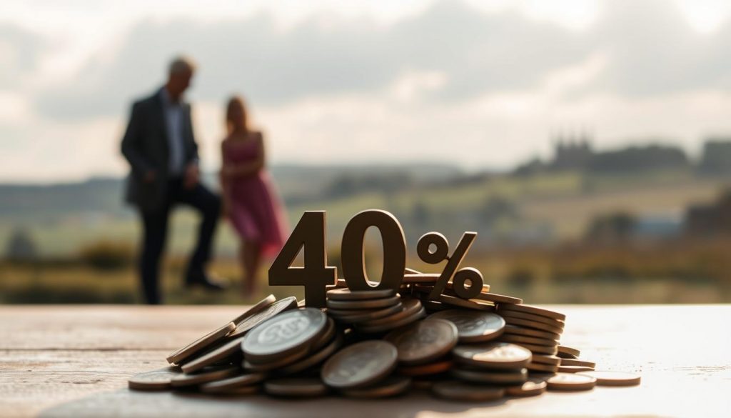A stunning visual representation of the 40% UK inheritance tax rate, captured under soft, natural lighting. In the foreground, a meticulously detailed pile of coins and currency, symbolizing the inheritance being taxed. In the middle ground, a silhouette of a family gathered, solemnly reflecting on the financial implications. The background features a muted, blurred landscape of the British countryside, conveying a sense of tradition and legacy. The composition is framed with a shallow depth of field, directing the viewer's focus to the core elements. The overall mood is pensive, with a hint of gravity, capturing the essence of "Understanding the 40% Rate" within the broader context of inheritance tax in the UK.