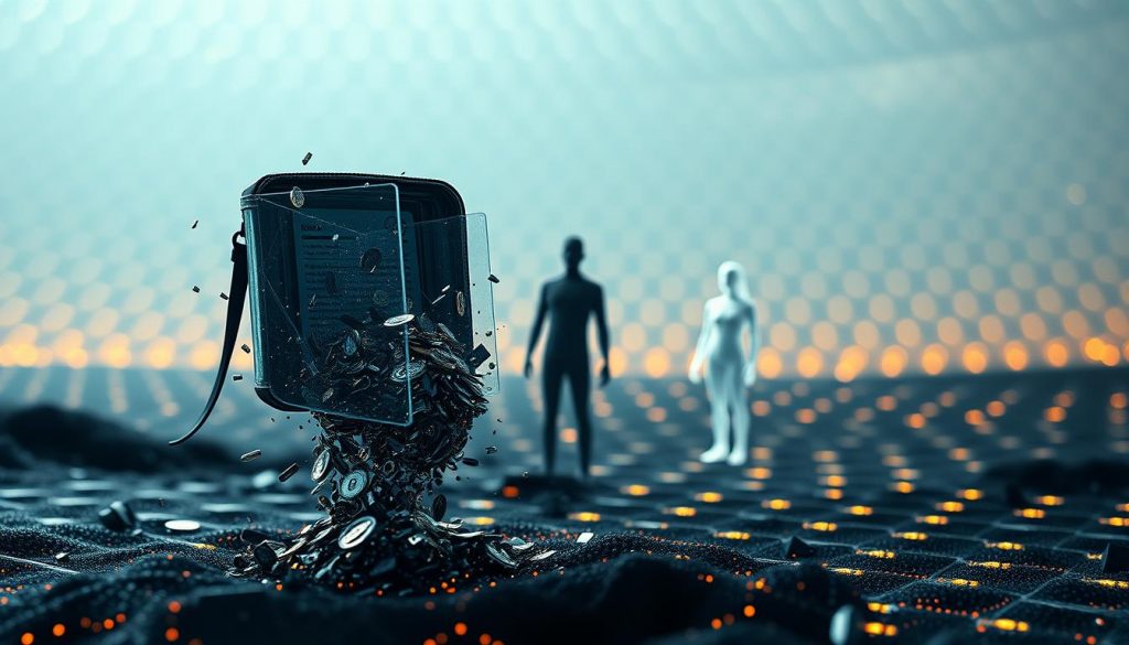 A surreal digital landscape depicting the inheritance of crypto-assets and digital holdings. In the foreground, a transparent crypto wallet hovers, its contents spilling out into a swirling vortex of data streams and blockchain fragments. In the middle ground, a transparent figure represents the deceased, their digital legacy being passed on. The background is a matrix of hexagonal patterns, representing the complex web of digital assets and regulations. The scene is illuminated by a soft, ethereal glow, creating an atmosphere of contemplation and transition. Cinematic lighting and a shallow depth of field focus the viewer's attention on the central narrative. A surreal digital landscape depicting the inheritance of crypto-assets and digital holdings. In the foreground, a transparent crypto wallet hovers, its contents spilling out into a swirling vortex of data streams and blockchain fragments. In the middle ground, a transparent figure represents the deceased, their digital legacy being passed on. The background is a matrix of hexagonal patterns, representing the complex web of digital assets and regulations. The scene is illuminated by a soft, ethereal glow, creating an atmosphere of contemplation and transition. Cinematic lighting and a shallow depth of field focus the viewer's attention on the central narrative.