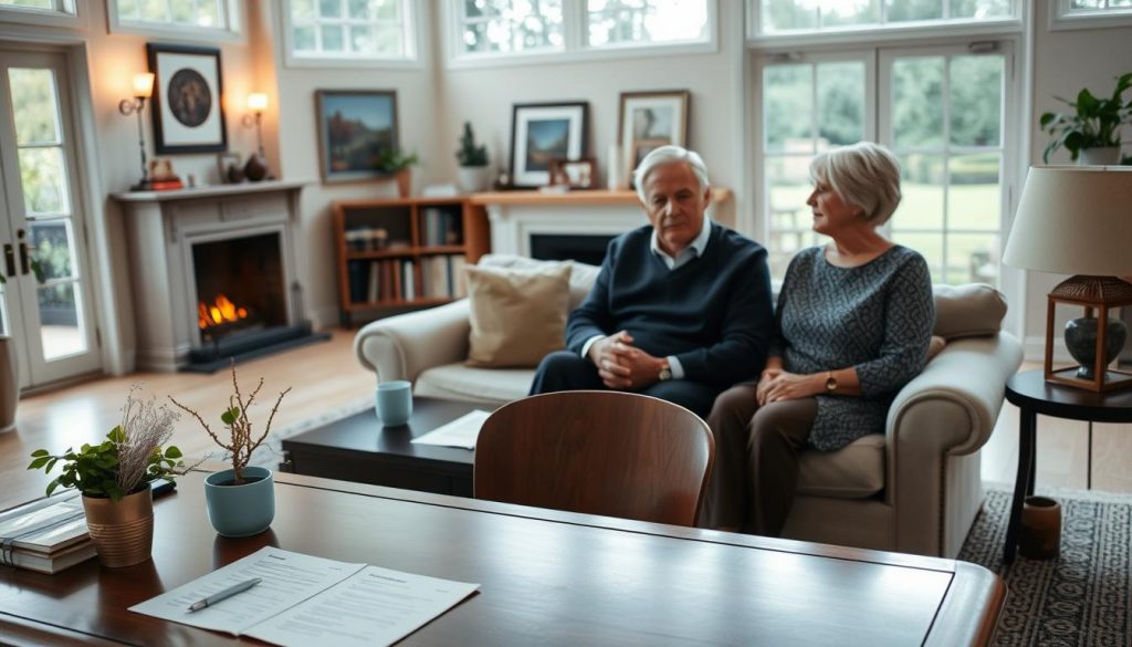 A tastefully furnished living room with large windows, soft lighting, and a cozy fireplace. In the foreground, an elegant wooden desk with organized paperwork and a thoughtfully placed potted plant. Behind it, a couple in their 50s sit comfortably on a plush sofa, engaged in an earnest discussion, their expressions conveying the gravity of the topic at hand - second marriages and estate planning. The middle ground features tasteful artwork and bookshelves, hinting at a well-appointed, sophisticated space. The background showcases a picturesque garden view, creating a sense of tranquility and contemplation.