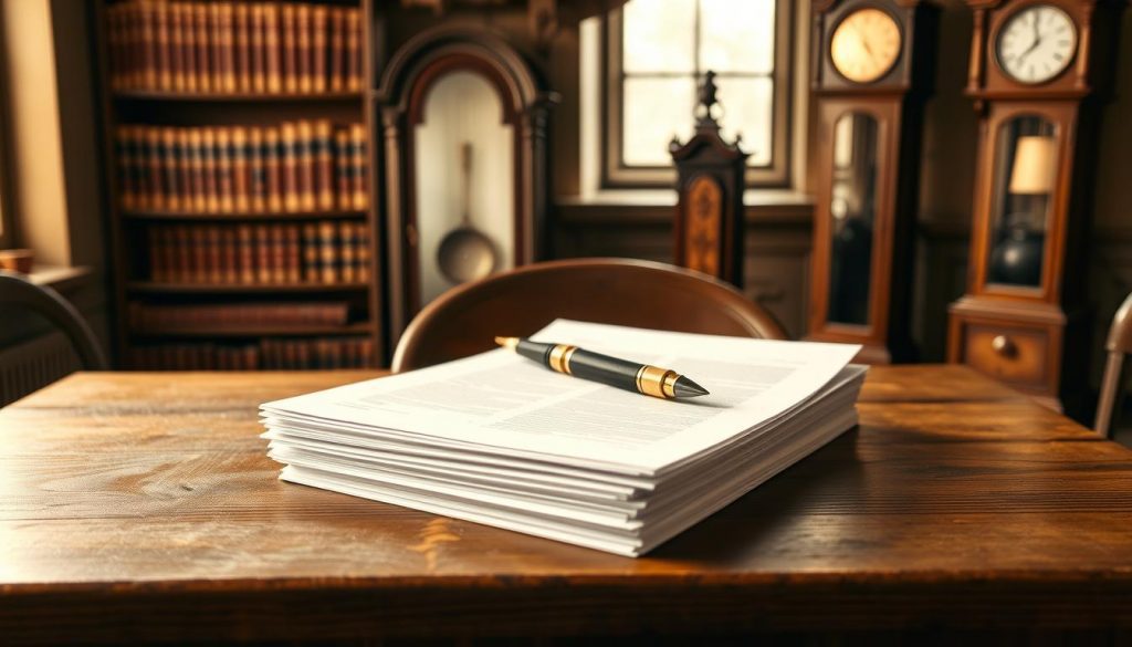 A tranquil scene of a sturdy oak table with a stack of important documents and a quill pen resting atop, illuminated by warm, natural lighting from a window. In the background, a bookshelf filled with legal tomes and a grandfather clock stand as a reminder of the gravity of the matters at hand. The mood is one of contemplation and responsibility, evoking the sense of the trusted role of executors and trustees in managing affairs. The composition emphasizes the significance of the documents and the weight of the decisions they represent. A tranquil scene of a sturdy oak table with a stack of important documents and a quill pen resting atop, illuminated by warm, natural lighting from a window. In the background, a bookshelf filled with legal tomes and a grandfather clock stand as a reminder of the gravity of the matters at hand. The mood is one of contemplation and responsibility, evoking the sense of the trusted role of executors and trustees in managing affairs. The composition emphasizes the significance of the documents and the weight of the decisions they represent.