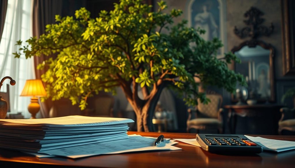 A visually striking scene showcasing the intricate web of inheritance tax planning. In the foreground, a warm spotlight illuminates a stack of documents, financial statements, and a calculator, symbolizing the complex calculations and documentation required. In the middle ground, a lush, verdant family tree branches out, representing the passing of wealth through generations. The background is shrouded in a soft, moody atmosphere, with hints of ornate furniture and architectural details, conveying the gravitas and legacy of estate planning. The overall composition evokes a sense of thoughtful preparation, careful consideration, and the importance of safeguarding one's financial inheritance. A visually striking scene showcasing the intricate web of inheritance tax planning. In the foreground, a warm spotlight illuminates a stack of documents, financial statements, and a calculator, symbolizing the complex calculations and documentation required. In the middle ground, a lush, verdant family tree branches out, representing the passing of wealth through generations. The background is shrouded in a soft, moody atmosphere, with hints of ornate furniture and architectural details, conveying the gravitas and legacy of estate planning. The overall composition evokes a sense of thoughtful preparation, careful consideration, and the importance of safeguarding one's financial inheritance.
