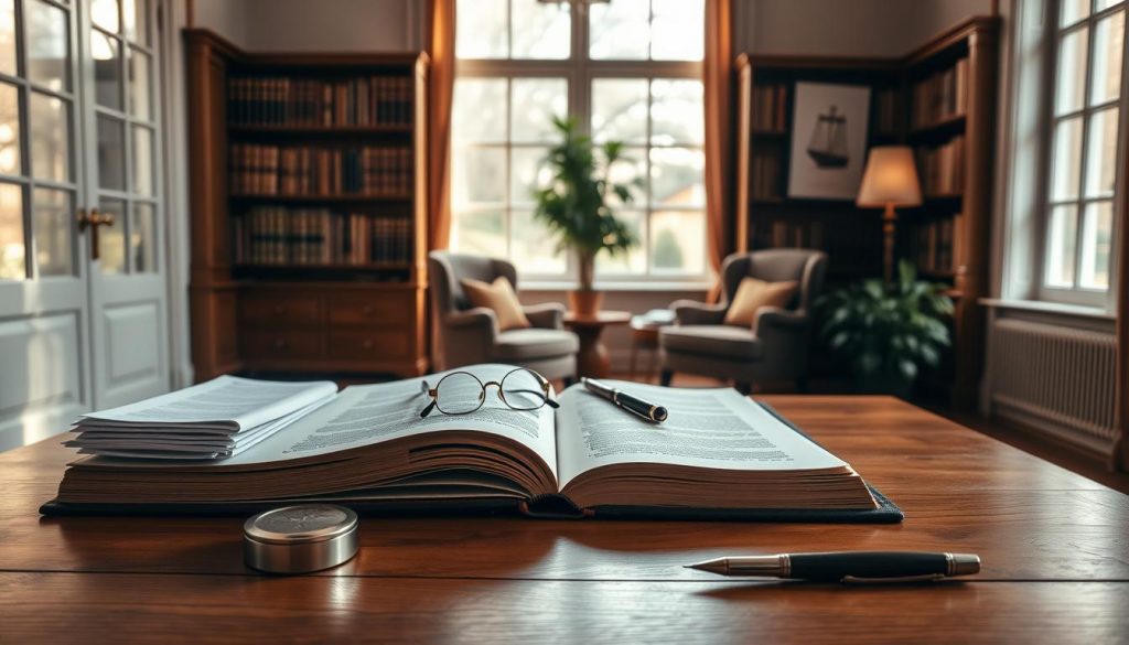 A warm and inviting office setting, with a large, wooden desk at the center. On the desk, an open book with the words "Mutual Wills" visible, surrounded by a pair of reading glasses, a fountain pen, and a stack of legal documents. The room is bathed in soft, natural light filtering in through large windows, creating a sense of tranquility and professionalism. The walls are adorned with shelves of law books, adding to the scholarly atmosphere. In the background, a cozy armchair and a potted plant subtly suggest the personalized, comfortable nature of the space. The overall composition conveys a sense of thoughtfulness, attention to detail, and the importance of estate planning. A warm and inviting office setting, with a large, wooden desk at the center. On the desk, an open book with the words "Mutual Wills" visible, surrounded by a pair of reading glasses, a fountain pen, and a stack of legal documents. The room is bathed in soft, natural light filtering in through large windows, creating a sense of tranquility and professionalism. The walls are adorned with shelves of law books, adding to the scholarly atmosphere. In the background, a cozy armchair and a potted plant subtly suggest the personalized, comfortable nature of the space. The overall composition conveys a sense of thoughtfulness, attention to detail, and the importance of estate planning.