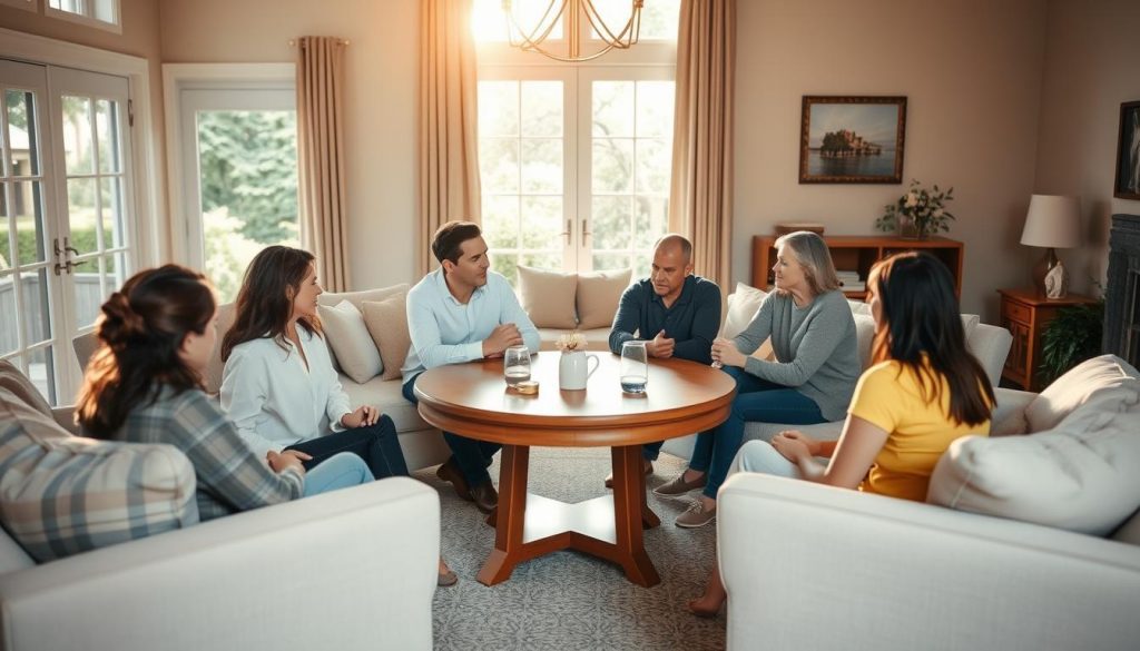 A warm, inviting family living room with natural lighting filtering through large windows. In the center, a round wooden table where several people sit together, engaged in a thoughtful discussion. Soft, neutral-toned furnishings create a peaceful, harmonious atmosphere. The body language of the figures conveys a sense of understanding and compromise as they work to resolve any probate-related conflicts in a calm, respectful manner. The overall scene evokes a feeling of open communication and collective problem-solving. A warm, inviting family living room with natural lighting filtering through large windows. In the center, a round wooden table where several people sit together, engaged in a thoughtful discussion. Soft, neutral-toned furnishings create a peaceful, harmonious atmosphere. The body language of the figures conveys a sense of understanding and compromise as they work to resolve any probate-related conflicts in a calm, respectful manner. The overall scene evokes a feeling of open communication and collective problem-solving.