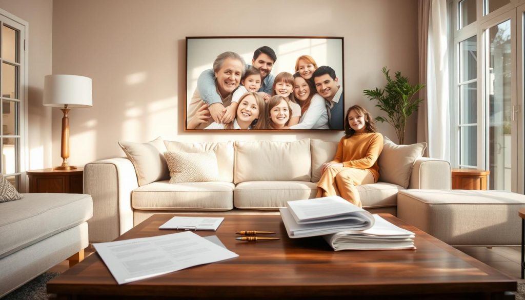A warm, inviting living room with a large family portrait on the wall, showcasing a blended family of adults and children from different backgrounds. Soft, natural lighting filters through large windows, creating a cozy, comfortable atmosphere. On a wooden coffee table, documents and financial planning materials are neatly organized, hinting at the careful considerations for fair inheritance distribution. A sense of unity and harmony pervades the scene, reflecting the strategies employed to ensure a fair and equitable outcome for all.