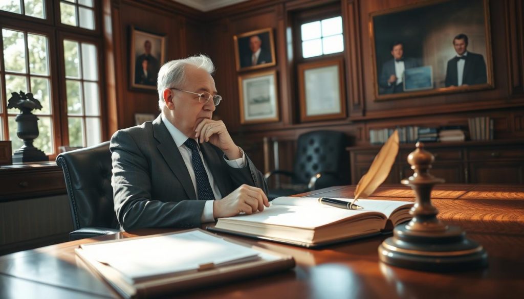 A well-appointed office, sunlight streaming through large windows, illuminating a polished oak desk adorned with a leather-bound ledger, a quill pen, and a brass paperweight. On the wall, framed certificates and family portraits hint at the legacy of a thriving business. In the foreground, a senior business owner, dressed in a tailored suit, sits deep in thought, contemplating the intricate details of estate planning. The scene exudes an atmosphere of quiet deliberation, as if capturing a moment of strategic planning for the future of the company and its assets. A well-appointed office, sunlight streaming through large windows, illuminating a polished oak desk adorned with a leather-bound ledger, a quill pen, and a brass paperweight. On the wall, framed certificates and family portraits hint at the legacy of a thriving business. In the foreground, a senior business owner, dressed in a tailored suit, sits deep in thought, contemplating the intricate details of estate planning. The scene exudes an atmosphere of quiet deliberation, as if capturing a moment of strategic planning for the future of the company and its assets.