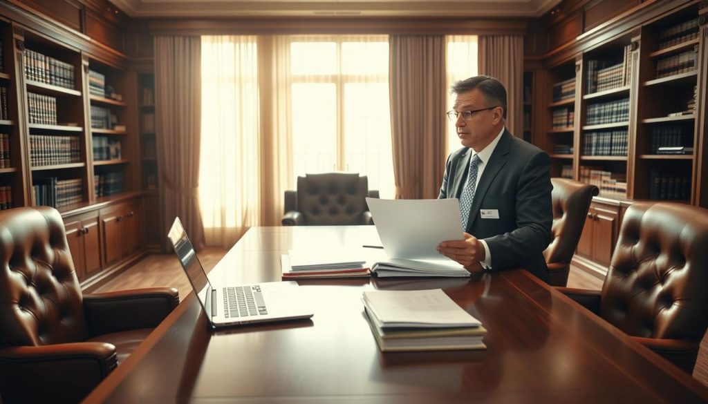 A well-appointed office with a large wooden desk, leather chairs, and bookshelves lining the walls. On the desk, a laptop, a stack of documents, and a thoughtful-looking business professional in a suit, gesturing as if explaining complex legal matters. Warm, natural lighting floods the room, creating a sense of professionalism and expertise. The overall atmosphere conveys the importance of seeking professional advice for estate planning, with an emphasis on the role of a knowledgeable advisor. A well-appointed office with a large wooden desk, leather chairs, and bookshelves lining the walls. On the desk, a laptop, a stack of documents, and a thoughtful-looking business professional in a suit, gesturing as if explaining complex legal matters. Warm, natural lighting floods the room, creating a sense of professionalism and expertise. The overall atmosphere conveys the importance of seeking professional advice for estate planning, with an emphasis on the role of a knowledgeable advisor.