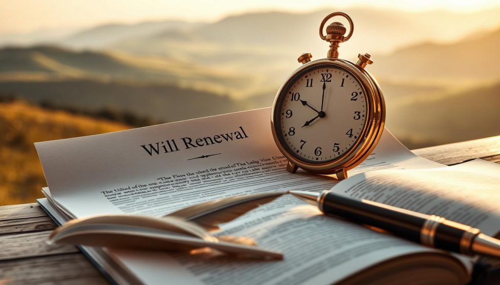 A well-crafted legal document nestled against a backdrop of rolling hills, with a meticulously detailed timepiece prominently displayed, symbolizing the importance of timely will renewal. The scene is bathed in soft, warm lighting, creating an atmosphere of contemplation and diligence. In the foreground, a quill pen and an open book, suggesting the thoughtful process of reviewing and updating one's will. The overall composition conveys a sense of guidance, responsibility, and the need for periodic reassessment of one's estate planning. A well-crafted legal document nestled against a backdrop of rolling hills, with a meticulously detailed timepiece prominently displayed, symbolizing the importance of timely will renewal. The scene is bathed in soft, warm lighting, creating an atmosphere of contemplation and diligence. In the foreground, a quill pen and an open book, suggesting the thoughtful process of reviewing and updating one's will. The overall composition conveys a sense of guidance, responsibility, and the need for periodic reassessment of one's estate planning.