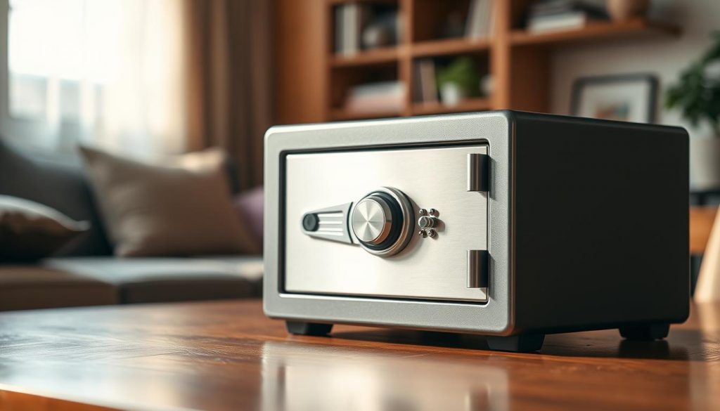 A well-lit, close-up shot of a sturdy metal home safe, positioned on a polished wooden table. The safe has a combination lock and a sleek, modern design, conveying a sense of security and protection. The background is slightly blurred, but suggests a cozy, comfortable domestic setting, perhaps with a bookshelf or other home decor elements visible. The lighting is warm and soft, creating a sense of tranquility and reliability. The overall composition highlights the safe as the central focus, emphasizing its role as a secure storage solution for important documents like a last will and testament. A well-lit, close-up shot of a sturdy metal home safe, positioned on a polished wooden table. The safe has a combination lock and a sleek, modern design, conveying a sense of security and protection. The background is slightly blurred, but suggests a cozy, comfortable domestic setting, perhaps with a bookshelf or other home decor elements visible. The lighting is warm and soft, creating a sense of tranquility and reliability. The overall composition highlights the safe as the central focus, emphasizing its role as a secure storage solution for important documents like a last will and testament.