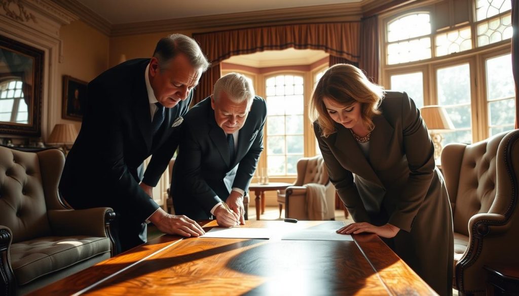 A well-lit drawing room in a traditional manor house, with plush upholstered chairs and a sturdy oak table. Three elegantly dressed individuals, two men and one woman, lean forward intently as they witness the signing of a legal document - a last will and testament. Sunlight filters through the large bay window, casting a warm glow on the solemn proceedings. The two witnesses watch carefully, their faces etched with concentration, as the will's author carefully puts pen to paper. An air of formality and reverence permeates the scene, befitting the gravity of the occasion. A well-lit drawing room in a traditional manor house, with plush upholstered chairs and a sturdy oak table. Three elegantly dressed individuals, two men and one woman, lean forward intently as they witness the signing of a legal document - a last will and testament. Sunlight filters through the large bay window, casting a warm glow on the solemn proceedings. The two witnesses watch carefully, their faces etched with concentration, as the will's author carefully puts pen to paper. An air of formality and reverence permeates the scene, befitting the gravity of the occasion.