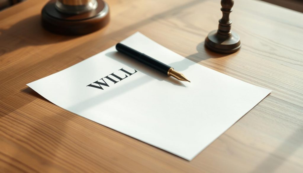A well-lit, high-quality photograph of a wooden table with a clear, neatly organized will document, a fountain pen, and a magnifying glass. The document should be positioned prominently, with the pen and magnifying glass arranged in a visually appealing manner. The lighting should be soft and natural, creating a warm, professional atmosphere. The background should be a neutral, uncluttered space, allowing the main elements to stand out. The overall composition should convey a sense of clarity, attention to detail, and the importance of creating a clear, legally binding will. A well-lit, high-quality photograph of a wooden table with a clear, neatly organized will document, a fountain pen, and a magnifying glass. The document should be positioned prominently, with the pen and magnifying glass arranged in a visually appealing manner. The lighting should be soft and natural, creating a warm, professional atmosphere. The background should be a neutral, uncluttered space, allowing the main elements to stand out. The overall composition should convey a sense of clarity, attention to detail, and the importance of creating a clear, legally binding will.