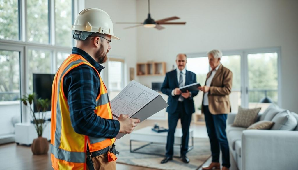 A well-lit, high-resolution image of a home inspector evaluating a property, with a floor plan and a tablet in their hands. The inspector is dressed in a hard hat and safety gear, standing in a spacious living room with large windows and modern furniture. In the background, a professional real estate agent is discussing the property's details with a senior client. The scene conveys a sense of careful assessment, attention to detail, and professional expertise in the valuation process for probate. A well-lit, high-resolution image of a home inspector evaluating a property, with a floor plan and a tablet in their hands. The inspector is dressed in a hard hat and safety gear, standing in a spacious living room with large windows and modern furniture. In the background, a professional real estate agent is discussing the property's details with a senior client. The scene conveys a sense of careful assessment, attention to detail, and professional expertise in the valuation process for probate.