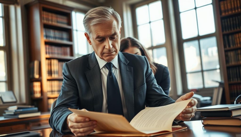 A well-lit interior of a solicitor's office, with a wooden desk and shelves filled with law books. In the foreground, a senior solicitor in a suit carefully examines a delicate, yellowed document - a lost will. Their brow furrowed in concentration, they compare the handwriting and signatures, determined to uncover the truth. In the background, a younger associate leans over their shoulder, offering insights. Soft natural light filters in through tall windows, creating a warm, professional atmosphere conducive to the gravity of the task at hand. A well-lit interior of a solicitor's office, with a wooden desk and shelves filled with law books. In the foreground, a senior solicitor in a suit carefully examines a delicate, yellowed document - a lost will. Their brow furrowed in concentration, they compare the handwriting and signatures, determined to uncover the truth. In the background, a younger associate leans over their shoulder, offering insights. Soft natural light filters in through tall windows, creating a warm, professional atmosphere conducive to the gravity of the task at hand.