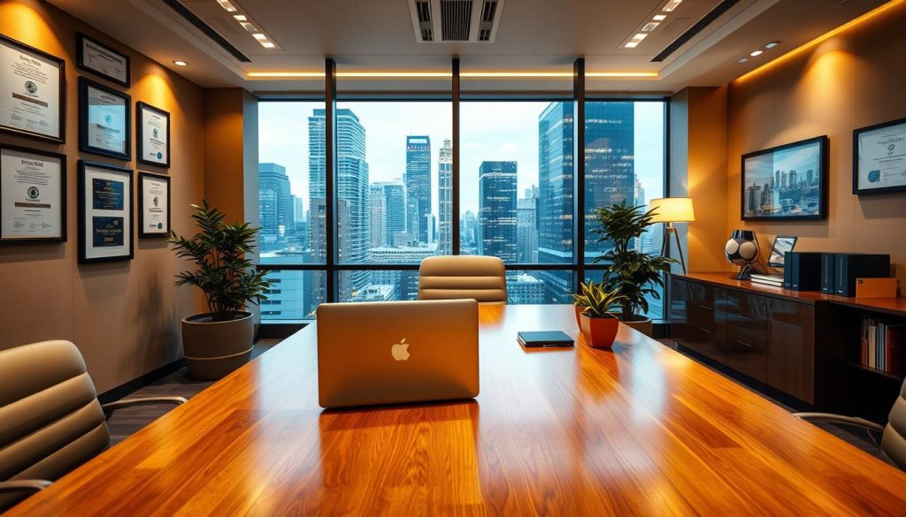 A well-lit, modern office interior with a professional, corporate atmosphere. In the foreground, a large, polished wooden desk with a laptop, pen, and a potted plant. Behind the desk, a large window overlooking a bustling city skyline. The walls are adorned with framed certificates and awards, conveying a sense of expertise and success. The lighting is warm and inviting, with a mix of natural and artificial illumination. The overall mood is one of productivity, financial security, and the benefits of business property ownership. A well-lit, modern office interior with a professional, corporate atmosphere. In the foreground, a large, polished wooden desk with a laptop, pen, and a potted plant. Behind the desk, a large window overlooking a bustling city skyline. The walls are adorned with framed certificates and awards, conveying a sense of expertise and success. The lighting is warm and inviting, with a mix of natural and artificial illumination. The overall mood is one of productivity, financial security, and the benefits of business property ownership.