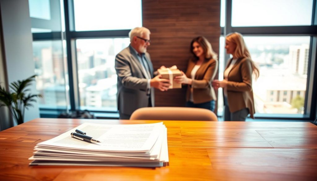 A well-lit, modern office setting, with a large wooden desk in the foreground. On the desk, a stack of financial documents and a pen resting atop them, symbolizing the paperwork and planning involved in gift and inheritance tax. In the middle ground, an older man and woman, presumably grandparents, handing a gift-wrapped box to a younger couple, their children or grandchildren, conveying the act of gifting and wealth transfer. The background features a window overlooking a cityscape, suggesting the broader financial context. The lighting is warm and inviting, creating a sense of generosity and thoughtful planning. The overall mood is one of careful consideration and intergenerational care.
