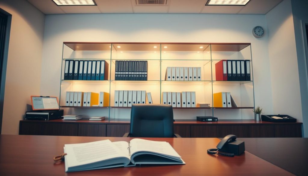 A well-lit office interior, showcasing a professional probate services desk. The desk features a neat arrangement of legal documents, a computer, and a telephone. On the wall behind the desk, display shelves hold neatly organized binders and files, symbolizing the careful storage and management of wills. The lighting is warm and inviting, creating a sense of trust and reliability. The angle is slightly elevated, giving a sense of the desk's importance in the probate process. The overall mood conveys a professional, secure, and organized environment for will storage and probate services. A well-lit office interior, showcasing a professional probate services desk. The desk features a neat arrangement of legal documents, a computer, and a telephone. On the wall behind the desk, display shelves hold neatly organized binders and files, symbolizing the careful storage and management of wills. The lighting is warm and inviting, creating a sense of trust and reliability. The angle is slightly elevated, giving a sense of the desk's importance in the probate process. The overall mood conveys a professional, secure, and organized environment for will storage and probate services.