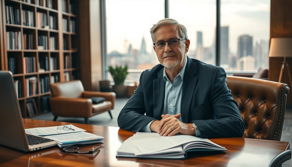 A well-lit office interior, with a wooden desk and leather chairs. On the desk, a stack of financial documents, a laptop, and a pair of reading glasses. In the foreground, a mature, professional-looking financial advisor sits, hands clasped, offering a thoughtful expression. The background features floor-to-ceiling bookshelves and a large window overlooking a city skyline, creating a sense of expertise and authority. Soft, warm lighting casts a subtle glow, conveying a reassuring atmosphere of trust and guidance. A well-lit office interior, with a wooden desk and leather chairs. On the desk, a stack of financial documents, a laptop, and a pair of reading glasses. In the foreground, a mature, professional-looking financial advisor sits, hands clasped, offering a thoughtful expression. The background features floor-to-ceiling bookshelves and a large window overlooking a city skyline, creating a sense of expertise and authority. Soft, warm lighting casts a subtle glow, conveying a reassuring atmosphere of trust and guidance.