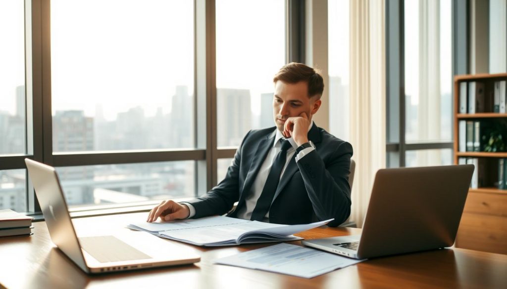 A well-lit office scene with a wooden desk, a laptop, and a few documents neatly arranged. In the foreground, a person in a suit is seated, thoughtfully reviewing financial statements. Behind them, a large window offers a view of a bustling city skyline, conveying a sense of responsibility and oversight. The lighting is warm and inviting, creating a professional yet approachable atmosphere. The overall composition suggests the careful management of trust assets, with the trustee diligently fulfilling their duties.