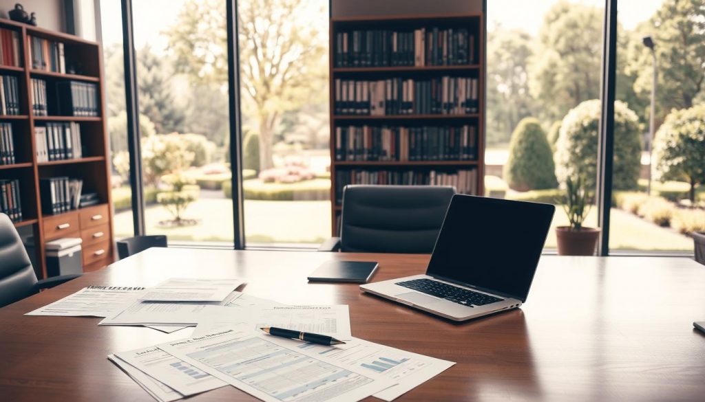 A well-organized office interior with a large, wooden desk in the foreground. On the desk, there are various financial documents, a laptop, and a pen. Behind the desk, a tall bookshelf filled with reference materials stands as the middle ground. In the background, a large window overlooks a serene, landscaped garden, bathed in warm, natural light. The overall atmosphere conveys a sense of professionalism, expertise, and thoughtful financial planning, reflecting the subject of "trust tax planning strategies." A well-organized office interior with a large, wooden desk in the foreground. On the desk, there are various financial documents, a laptop, and a pen. Behind the desk, a tall bookshelf filled with reference materials stands as the middle ground. In the background, a large window overlooks a serene, landscaped garden, bathed in warm, natural light. The overall atmosphere conveys a sense of professionalism, expertise, and thoughtful financial planning, reflecting the subject of "trust tax planning strategies."