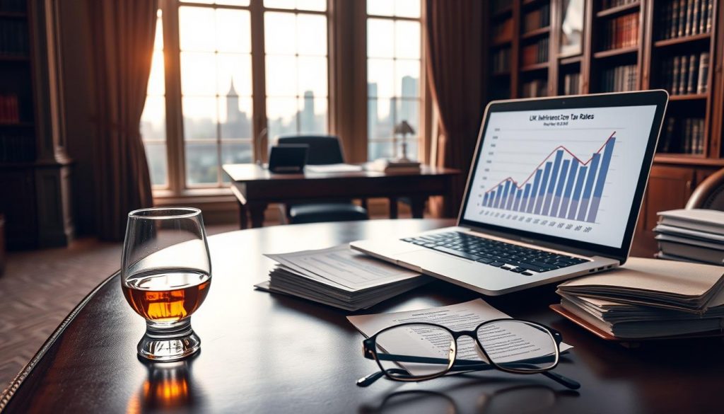 An elegant office interior with a large wooden desk, bookshelves, and a window overlooking a city skyline. On the desk, a stack of documents and a laptop display a graph charting UK inheritance tax rates. In the foreground, a glass of scotch and a pair of reading glasses hint at the thoughtful, analytical nature of the scene. Warm, soft lighting creates an atmosphere of contemplation and financial planning. The overall mood is one of professional expertise and considered decision-making around the complex topic of inheritance tax on trusts. An elegant office interior with a large wooden desk, bookshelves, and a window overlooking a city skyline. On the desk, a stack of documents and a laptop display a graph charting UK inheritance tax rates. In the foreground, a glass of scotch and a pair of reading glasses hint at the thoughtful, analytical nature of the scene. Warm, soft lighting creates an atmosphere of contemplation and financial planning. The overall mood is one of professional expertise and considered decision-making around the complex topic of inheritance tax on trusts.
