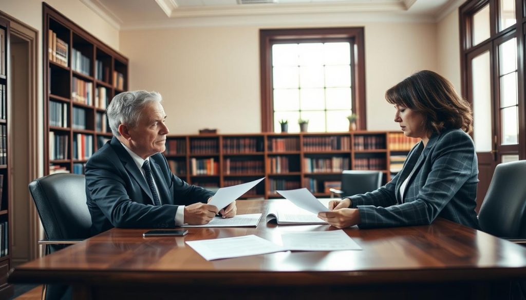 An estate planning office with a warm, professional atmosphere. In the foreground, a lawyer and client review documents on a wooden desk, their expressions thoughtful. In the middle ground, bookshelves line the walls, conveying the expertise and resources available. Soft, directional lighting from a large window illuminates the scene, casting gentle shadows. The overall mood is one of trust, focus, and the careful consideration of important legal matters in the aftermath of divorce. An estate planning office with a warm, professional atmosphere. In the foreground, a lawyer and client review documents on a wooden desk, their expressions thoughtful. In the middle ground, bookshelves line the walls, conveying the expertise and resources available. Soft, directional lighting from a large window illuminates the scene, casting gentle shadows. The overall mood is one of trust, focus, and the careful consideration of important legal matters in the aftermath of divorce.