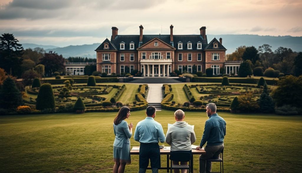 An expansive estate on a sprawling landscape, with a grand manor house and lush gardens. In the foreground, several individuals gathered around a table, engaged in discussions, representing the impact on beneficiaries. Soft, warm lighting illuminates the scene, creating an atmosphere of contemplation and decision-making. The composition balances the architectural elements with the human interaction, conveying the weight and significance of the estate distribution process. Subtle details, such as documents and ledgers, hint at the legal and financial aspects involved. The overall scene evokes a sense of thoughtful deliberation amidst the tranquil setting. An expansive estate on a sprawling landscape, with a grand manor house and lush gardens. In the foreground, several individuals gathered around a table, engaged in discussions, representing the impact on beneficiaries. Soft, warm lighting illuminates the scene, creating an atmosphere of contemplation and decision-making. The composition balances the architectural elements with the human interaction, conveying the weight and significance of the estate distribution process. Subtle details, such as documents and ledgers, hint at the legal and financial aspects involved. The overall scene evokes a sense of thoughtful deliberation amidst the tranquil setting.