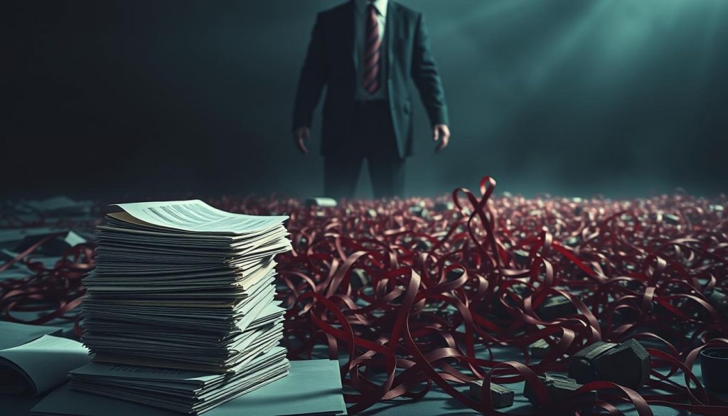 An imposing figure looms over a sprawling financial landscape, casting a foreboding shadow. In the foreground, a stack of documents and ledgers sit ominously, representing the weight of bureaucratic penalties and late payments. The middle ground depicts a maze of tangled red tape, symbolizing the complex web of inheritance tax regulations. In the background, a dimly lit office setting suggests the austere, institutional nature of the subject matter. Dramatic lighting and a moody, somber color palette evoke a sense of gravity and consequence, underscoring the serious implications of neglecting inheritance tax obligations. An imposing figure looms over a sprawling financial landscape, casting a foreboding shadow. In the foreground, a stack of documents and ledgers sit ominously, representing the weight of bureaucratic penalties and late payments. The middle ground depicts a maze of tangled red tape, symbolizing the complex web of inheritance tax regulations. In the background, a dimly lit office setting suggests the austere, institutional nature of the subject matter. Dramatic lighting and a moody, somber color palette evoke a sense of gravity and consequence, underscoring the serious implications of neglecting inheritance tax obligations.