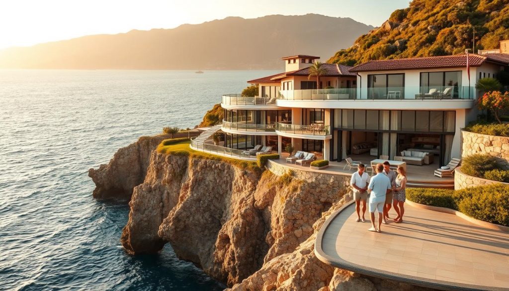 An offshore villa perched atop a scenic coastal cliff, bathed in warm, golden sunlight. The sprawling property boasts lush, manicured gardens and a spacious, modern interior. In the foreground, a family gathers on the balcony, discussing the complex inheritance tax implications of owning this luxurious overseas retreat. The scene exudes a sense of tranquility and wealth, hinting at the nuances of cross-border estate planning. A wide-angle lens captures the breathtaking vista, emphasizing the challenges of navigating international tax laws. An offshore villa perched atop a scenic coastal cliff, bathed in warm, golden sunlight. The sprawling property boasts lush, manicured gardens and a spacious, modern interior. In the foreground, a family gathers on the balcony, discussing the complex inheritance tax implications of owning this luxurious overseas retreat. The scene exudes a sense of tranquility and wealth, hinting at the nuances of cross-border estate planning. A wide-angle lens captures the breathtaking vista, emphasizing the challenges of navigating international tax laws.