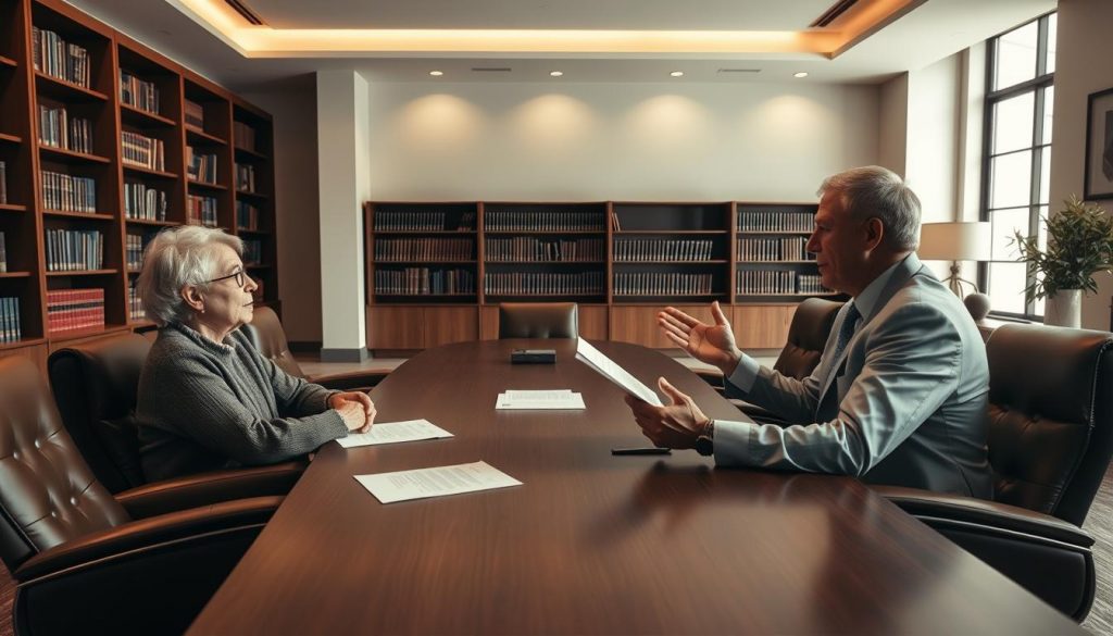 Detailed architectural interior of a modern law office with a large wooden conference table, bookshelves, and leather armchairs. An older couple sits across from a financial advisor, discussing estate planning documents. Soft, warm lighting illuminates the scene, creating an atmosphere of professionalism and trust. The clients appear thoughtful, while the advisor gestures with hands, explaining concepts. Elegant, minimalist decor with subtle, earthy tones. Camera angle from the side, capturing the interaction between the parties. Detailed architectural interior of a modern law office with a large wooden conference table, bookshelves, and leather armchairs. An older couple sits across from a financial advisor, discussing estate planning documents. Soft, warm lighting illuminates the scene, creating an atmosphere of professionalism and trust. The clients appear thoughtful, while the advisor gestures with hands, explaining concepts. Elegant, minimalist decor with subtle, earthy tones. Camera angle from the side, capturing the interaction between the parties.