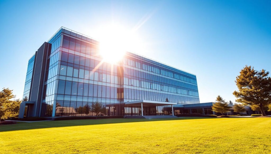 Majestic office building with a modern, sleek facade of glass and steel, set against a clear blue sky. Sunlight streams through the windows, casting a warm glow over the property. In the foreground, a well-maintained lawn and landscaping, conveying a sense of professionalism and success. The building stands tall, commanding attention and exuding an air of authority. The perspective is slightly elevated, allowing the viewer to take in the full grandeur of the property. The overall atmosphere is one of stability, reliability, and prosperity - qualities that embody the essence of Business Property Relief. Majestic office building with a modern, sleek facade of glass and steel, set against a clear blue sky. Sunlight streams through the windows, casting a warm glow over the property. In the foreground, a well-maintained lawn and landscaping, conveying a sense of professionalism and success. The building stands tall, commanding attention and exuding an air of authority. The perspective is slightly elevated, allowing the viewer to take in the full grandeur of the property. The overall atmosphere is one of stability, reliability, and prosperity - qualities that embody the essence of Business Property Relief.