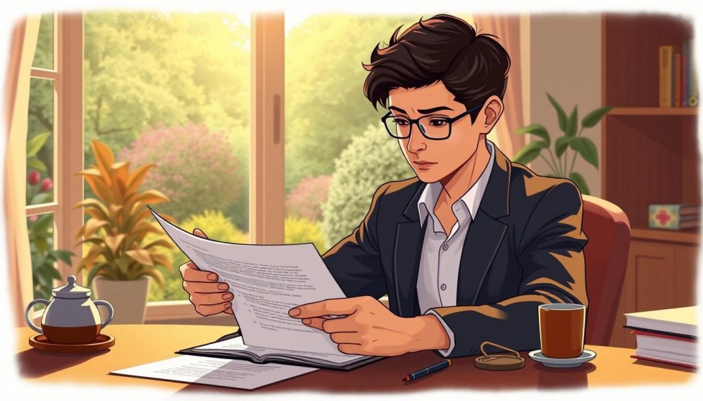 a detailed, high-resolution illustration of a person sitting at a desk, thoughtfully reviewing legal documents. The scene is set in a well-lit, cozy home office, with a large window overlooking a lush garden in the background. Warm, natural lighting casts a soft glow on the scene, creating a contemplative atmosphere. The person is dressed in professional attire, leaning forward with a pensive expression, considering the options presented in the documents. Subtle details, such as a pen, a cup of coffee, and a bookshelf in the background, help establish the context of a lawyer or legal professional reviewing the need for a codicil to a will. a detailed, high-resolution illustration of a person sitting at a desk, thoughtfully reviewing legal documents. The scene is set in a well-lit, cozy home office, with a large window overlooking a lush garden in the background. Warm, natural lighting casts a soft glow on the scene, creating a contemplative atmosphere. The person is dressed in professional attire, leaning forward with a pensive expression, considering the options presented in the documents. Subtle details, such as a pen, a cup of coffee, and a bookshelf in the background, help establish the context of a lawyer or legal professional reviewing the need for a codicil to a will.