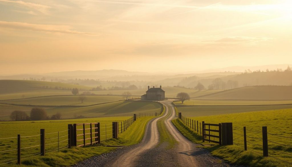 a detailed, photorealistic landscape depicting an expansive agricultural property in the British countryside, with rolling hills, lush green fields, and a stately farmhouse in the middle ground. The foreground features well-maintained fencing, gates, and a gravel driveway leading up to the farmhouse. The background is filled with a hazy, atmospheric sky with wispy clouds, conveying a sense of serenity and tranquility. Warm, golden sunlight filters through the scene, creating subtle shadows and highlights that accentuate the textural elements of the land and structures. The overall mood is one of prosperity, stability, and the enduring value of agricultural heritage in the UK. a detailed, photorealistic landscape depicting an expansive agricultural property in the British countryside, with rolling hills, lush green fields, and a stately farmhouse in the middle ground. The foreground features well-maintained fencing, gates, and a gravel driveway leading up to the farmhouse. The background is filled with a hazy, atmospheric sky with wispy clouds, conveying a sense of serenity and tranquility. Warm, golden sunlight filters through the scene, creating subtle shadows and highlights that accentuate the textural elements of the land and structures. The overall mood is one of prosperity, stability, and the enduring value of agricultural heritage in the UK.