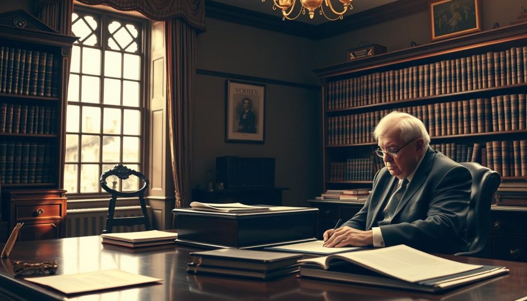 a detailed scene of the probate process in the UK, depicting a formal legal office with a wooden desk, a bookshelf filled with legal tomes, and an elderly person signing official documents. The room is illuminated by soft, warm lighting from a large window, casting a pensive, authoritative atmosphere. The scene conveys the gravity and importance of the probate process, with attention to the paperwork, legal references, and the serious expression of the person handling the estate affairs. The overall composition suggests the complexity and significance of the probate procedure in the absence of a will. a detailed scene of the probate process in the UK, depicting a formal legal office with a wooden desk, a bookshelf filled with legal tomes, and an elderly person signing official documents. The room is illuminated by soft, warm lighting from a large window, casting a pensive, authoritative atmosphere. The scene conveys the gravity and importance of the probate process, with attention to the paperwork, legal references, and the serious expression of the person handling the estate affairs. The overall composition suggests the complexity and significance of the probate procedure in the absence of a will.
