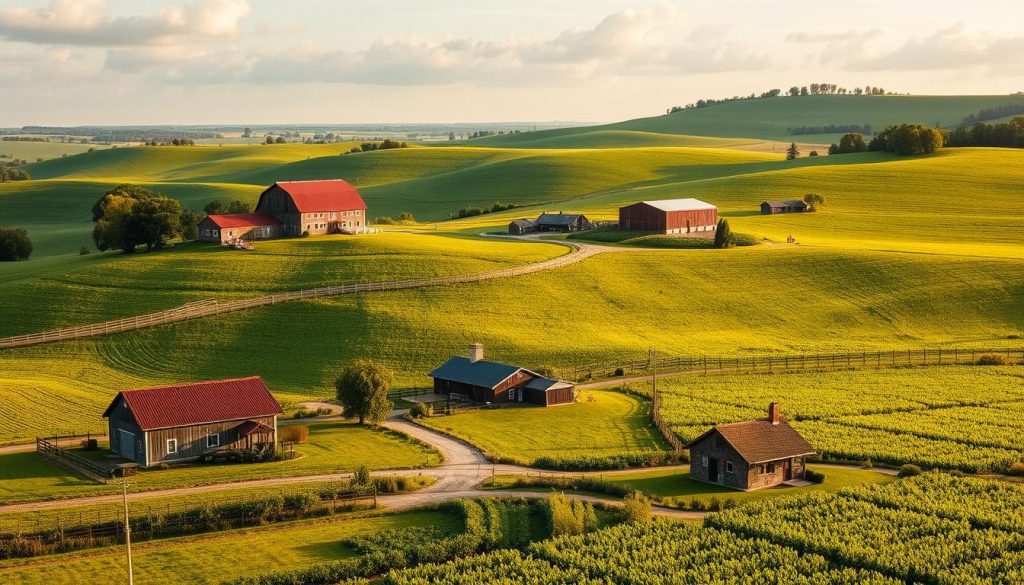 a lush, verdant landscape of rolling hills and sprawling fields, featuring a variety of agricultural property types - a picturesque farmhouse with a red roof, a traditional barn with weathered wooden siding, a sprawling farmstead with multiple outbuildings, and a quaint farmworker's cottage nestled among the crops. the scene is bathed in warm, golden sunlight, with wispy clouds drifting overhead. the composition showcases the diverse elements that make up a thriving agricultural property, from residential to utility structures, all harmoniously integrated into the pastoral setting. a lush, verdant landscape of rolling hills and sprawling fields, featuring a variety of agricultural property types - a picturesque farmhouse with a red roof, a traditional barn with weathered wooden siding, a sprawling farmstead with multiple outbuildings, and a quaint farmworker's cottage nestled among the crops. the scene is bathed in warm, golden sunlight, with wispy clouds drifting overhead. the composition showcases the diverse elements that make up a thriving agricultural property, from residential to utility structures, all harmoniously integrated into the pastoral setting.
