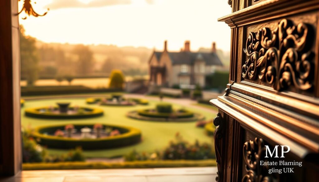 A beautifully composed image illustrating the concept of heritage assets eligible for conditional exemption from IHT in the UK. In the foreground, a detailed antique piece, such as a beautifully crafted wooden cabinet, showcases intricate carvings, symbolizing historical significance. The middle ground features a serene landscape highlighting a historic estate, complete with manicured gardens and an elegant old manor. In the background, a picturesque English countryside under soft, golden hour lighting enhances the overall atmosphere of heritage appreciation. Capture this scene using a wide-angle lens to emphasize depth, with a slightly elevated perspective. The mood is warm and inviting, reflecting the importance of preserving heritage for future generations. Include a subtle watermark in the corner with the brand name "MP Estate Planning UK".