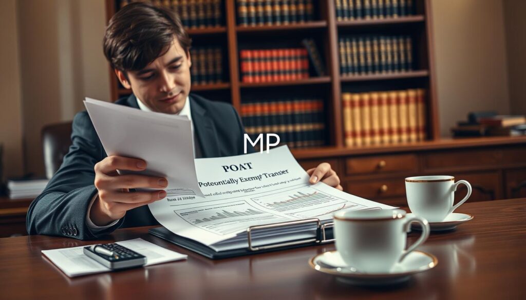 A close-up composition representing the concept of POAT (Potentially Exempt Transfer) in the UK, featuring a sophisticated desk scene. In the foreground, a professional businessperson in smart attire studies a document titled "Potentially Exempt Transfer," showing graphs and financial data, with a focused expression. In the middle, an elegant wooden desk adorned with a stylish pen, a calculator, and a teacup. In the background, soft-focus shelves lined with books about estate planning and financial law. The lighting is warm and inviting, casting gentle shadows to create a serious yet approachable atmosphere. A subtle logo for "MP Estate Planning UK" appears prominently on the desk. The angle is slightly above the desk, emphasizing both the subject and the rich details of the setting, ideal for illustrating the theme.