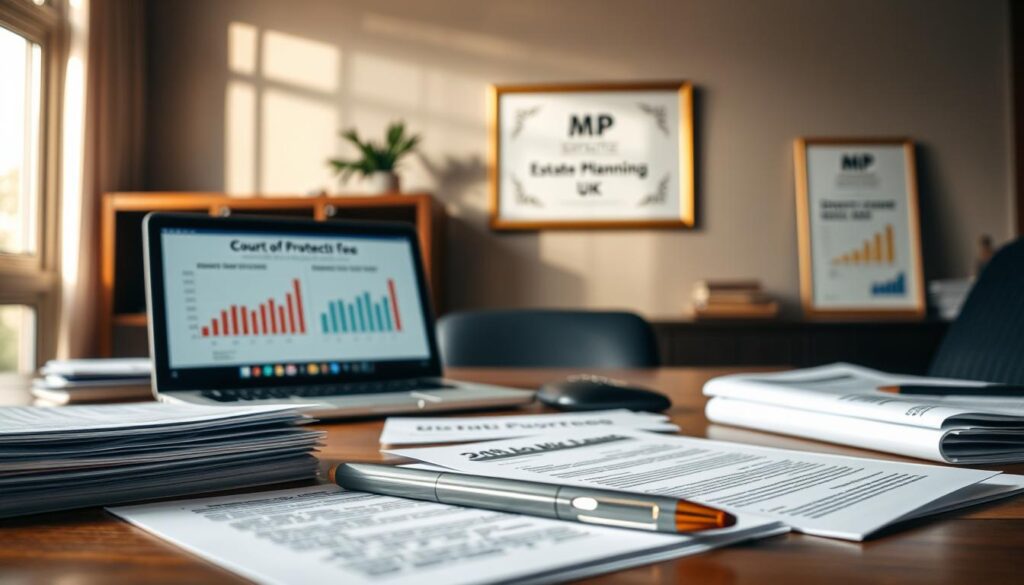 A close-up scene depicting a professional office setting, focused on a modern wooden desk cluttered with legal documents related to Court of Protection deputyship fees. In the foreground, neatly stacked paperwork and a pen, underscoring the application process. In the middle ground, a laptop displays graphs and charts illustrating costs in soft pastel colors, evoking a sense of financial analysis. The background features a warm-lit environment, with soft natural light filtering through a window, casting gentle shadows, creating a calm and professional atmosphere. A framed certificate on the wall reads “MP Estate Planning UK,” adding credibility to the scene. The overall mood is serious yet approachable, suitable for those exploring deputyship costs in the UK.