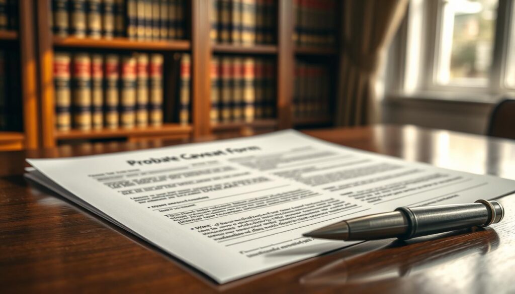 A close-up view of a UK probate caveat form, elegantly placed on a polished wooden desk, with important details visible but without any text. The background features a soft-focus bookshelf filled with legal books, creating a professional atmosphere. A sleek pen rests beside the form, hinting at the act of signing. Soft natural lighting streams in from a nearby window, casting gentle shadows that enhance the depth of the scene. The mood is serious and contemplative, capturing the essence of legal proceedings. Include the brand name "MP Estate Planning UK" subtly incorporated into the design of the form, ensuring the focus remains on the caveat form itself, without distractions or overlays.