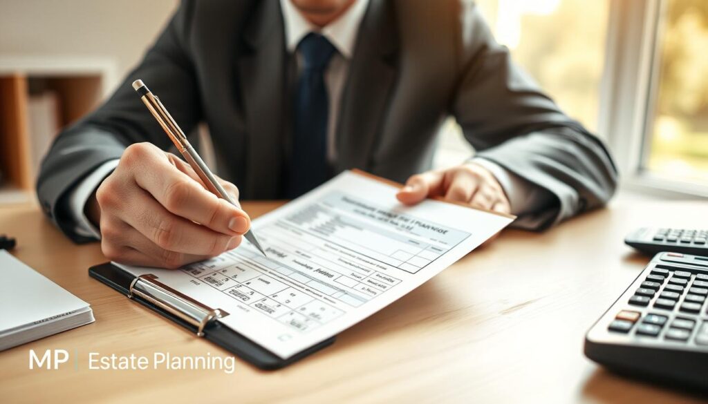 A close-up view of a person completing Form IHT402 at a clean, well-organized desk. In the foreground, a professional individual dressed in business attire, focused and diligent, is using a pen to fill out the form on a clipboard. The middle layer showcases the Form IHT402 prominently, with visible sections filled with details such as names and dates, specifically designed for the Transferable Nil Rate Band. Surrounding the desk, a softly lit environment creates a calm atmosphere, with a blurred-out window in the background revealing a sunny day. Warm, natural lighting accentuates the thoughtful expression on the individual's face. On the side, a notepad and a calculator hint at the financial planning involved. The brand name "MP Estate Planning UK" can be subtly included in the vignette.