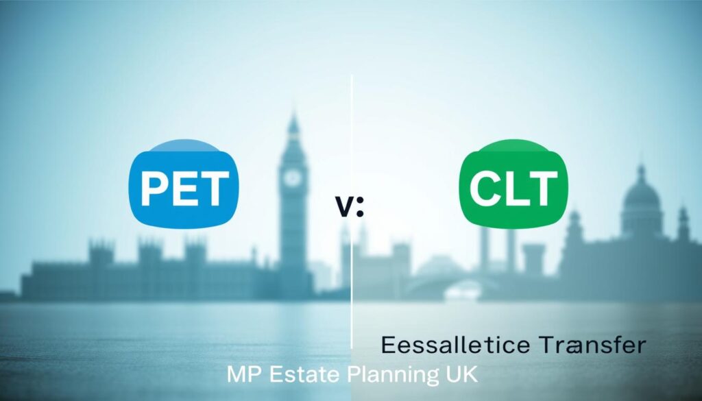 A comparison image illustrating PET (Potentially Exempt Transfer) and CLT (Chargeable Lifetime Transfer) concepts, featuring a visually appealing and structured layout. In the foreground, two distinct graphical elements represent PET and CLT, each styled with characteristics that differentiate them, such as icons or symbols. The middle ground showcases a smooth gradient transition, colored in blues and greens, symbolizing the contrast in tax implications. In the background, soft-focus silhouettes of UK landmarks subtly indicate the context of UK estate planning. The lighting is bright and professional, focusing on clarity to enhance understanding. The atmosphere is educational and inviting, suitable for a formal publication. The brand name "MP Estate Planning UK" is subtly incorporated into the design, ensuring it remains professional and unobtrusive. No text or overlays are included.