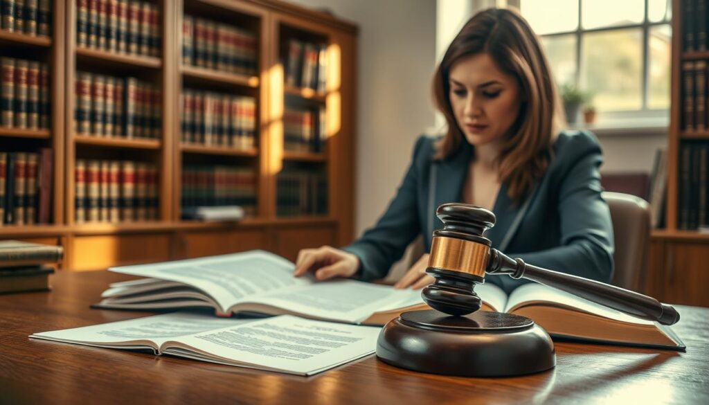 A composed legal scene illustrating the probate and caveat process in the UK. The foreground features a professional woman in business attire examining legal documents and a will on a wooden desk, her expression focused and thoughtful. In the middle, a gavel rests beside an open law book, symbolizing justice and the legal implications of a caveat. The background shows a softly lit law office with bookshelves filled with legal texts and a hint of a window letting in natural light, casting gentle shadows. The overall atmosphere conveys a sense of seriousness and professionalism. Include subtle branding elements that incorporate "MP Estate Planning UK" without any text or logos. The lighting should be warm and inviting, capturing a moment of determination in resolving legal complexities.